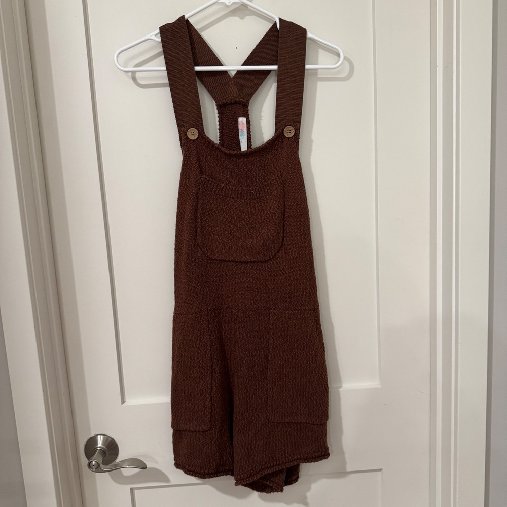 Free People FP Beach Brown Knit Romper Overall Shorts Pocket Medium